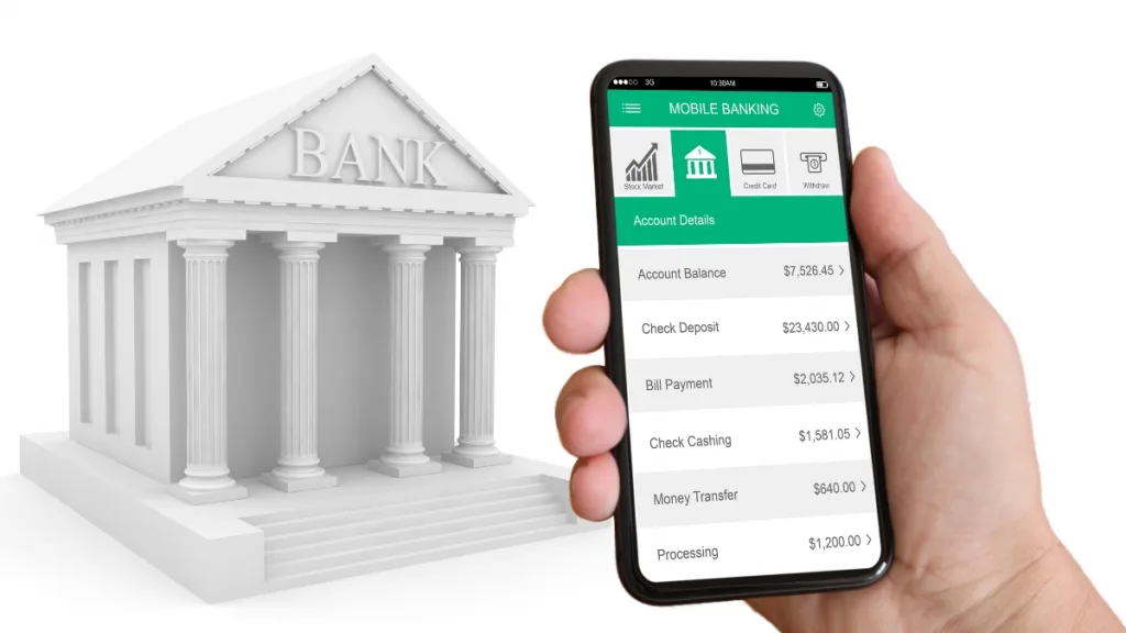 BANKの文字の入った建物のオブジェとe-bankingの画面を表示したスマートフォンを持つ人