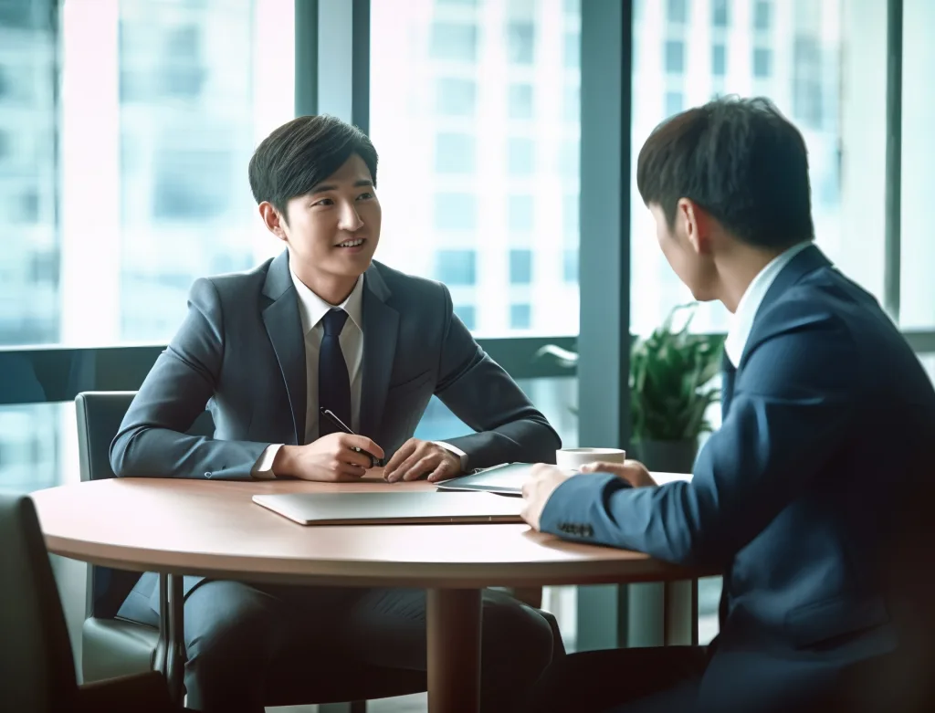 ２人のビジネスマンがオフィスで話している