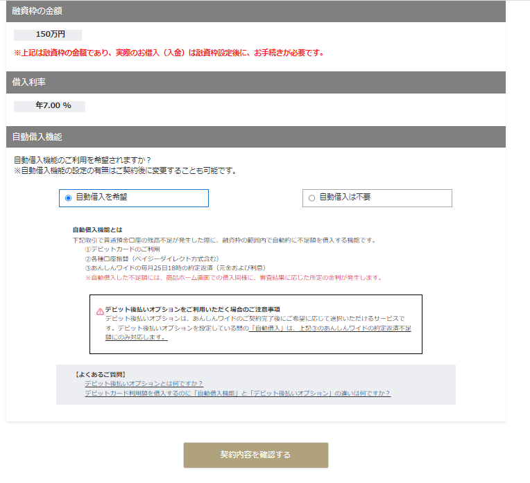 融資枠の金額　借入利率　自動借入機能