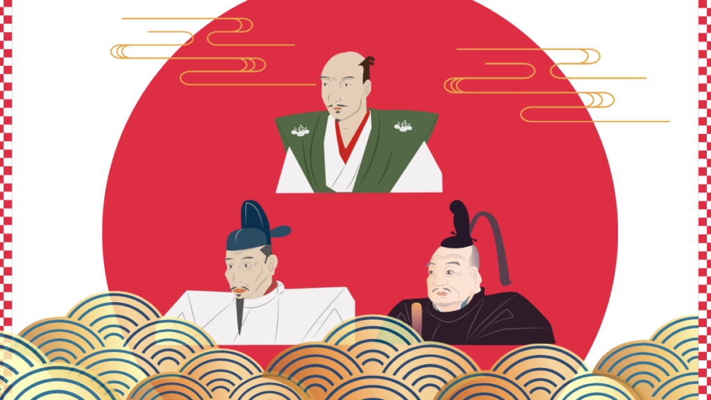 日の丸に信長、秀吉、家康のイラストがある様子
