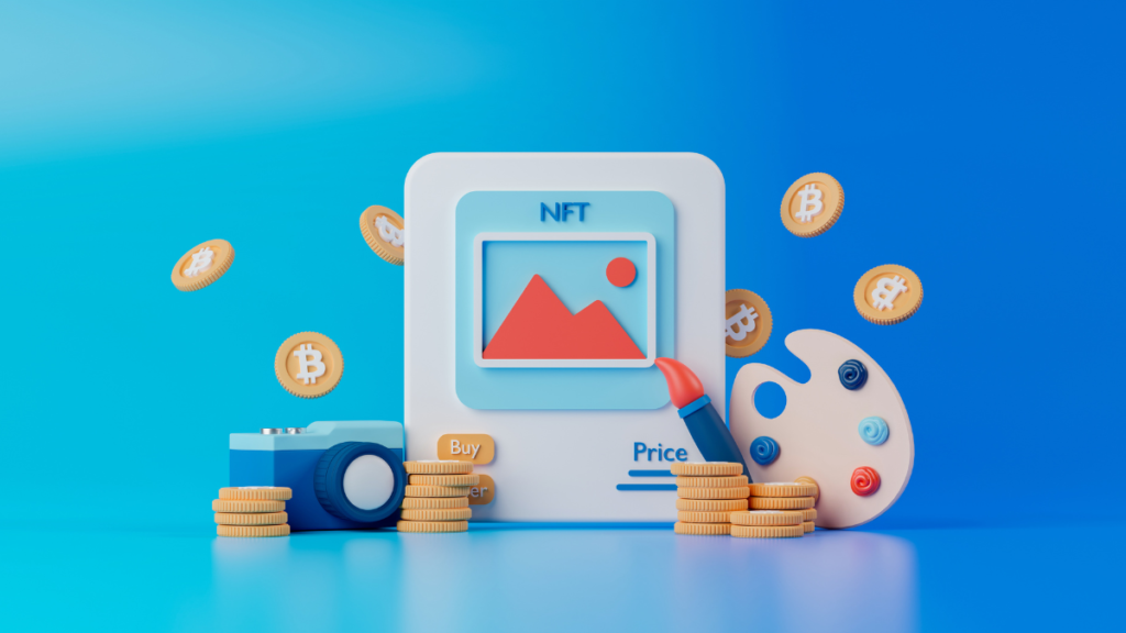 NFTのイラスト　コインとパレットと絵画の図