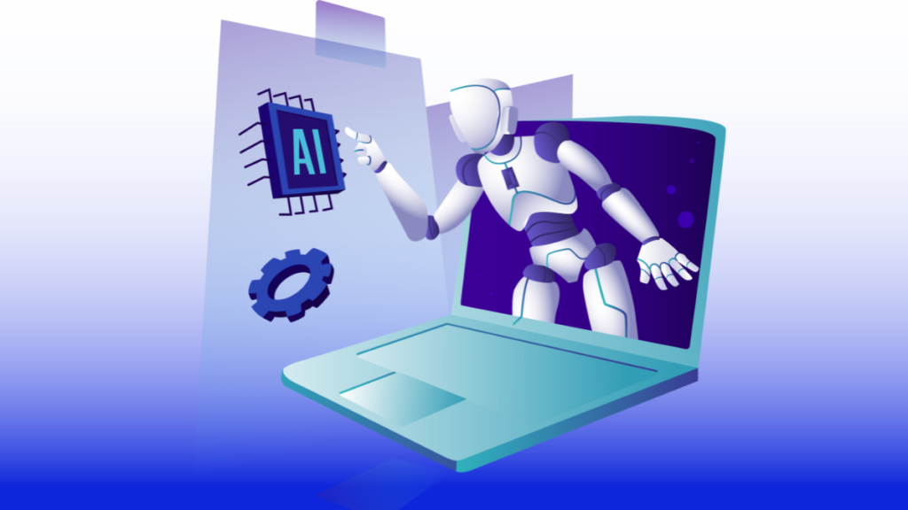 パソコンからロボットが出てきてaiを操作しているイラスト