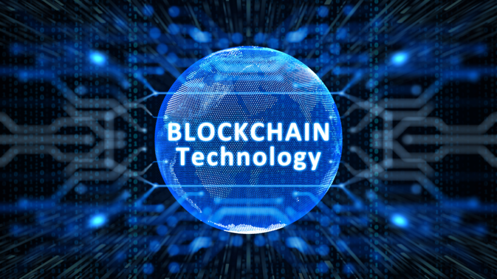 global networkのアートワークとBlockchain technologyの文字