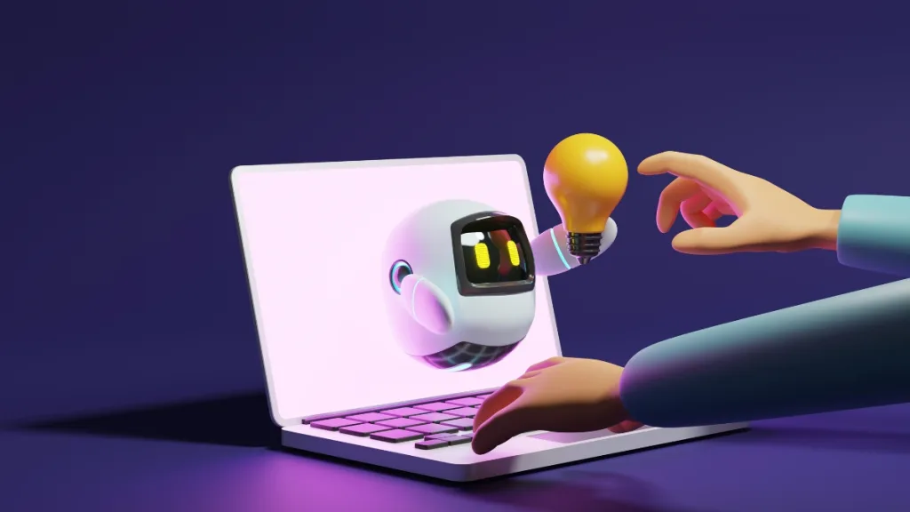 ノートパソコンの中からロボットが電球を持って現れているイラスト