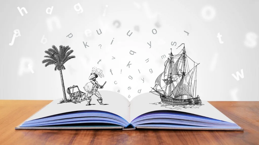 本の上に海賊と海賊船があり、文字が宙に浮いている