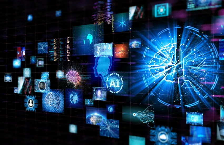 AI、頭脳、などのアイコンが宙に浮かぶ