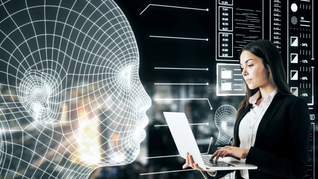 黒いバックグラウンドにノートパソコンを打つ女性とAI