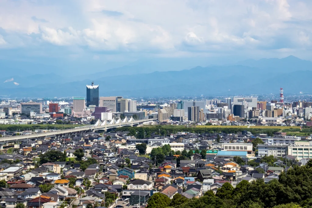 富山市の景色：山々と住宅街と商業地域