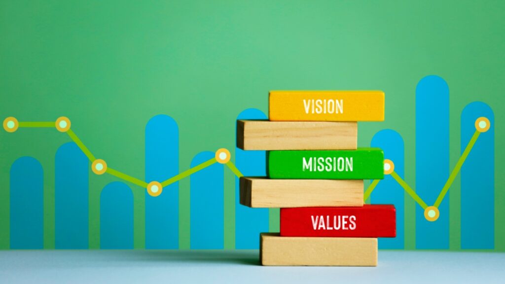 mission, vision , valueの文字と経営折れ線グラフ