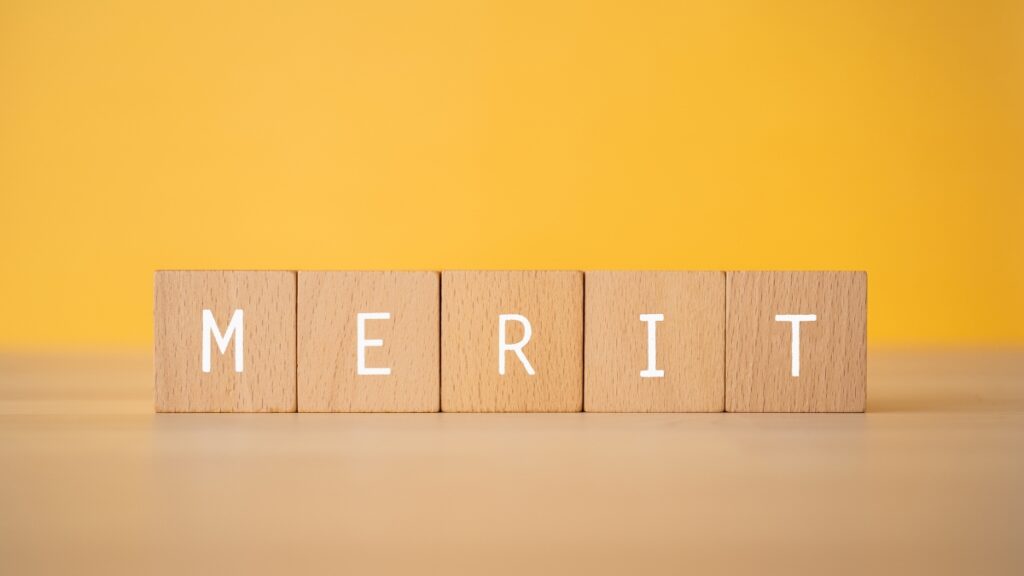 MERIT；コンセプトの「MERIT」の文字が入った木製ブロック。