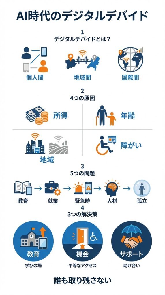 AI時代に避けて通れないデジタルデバイド ― 原因・課題・解決策を徹底整理 生成AIの急速な普及により、私たちの仕事や生活は大きく変わりつつあります。その一方で、デジタル技術を「使いこなせる人」と「そうでない人」の間に、新たな格差が静かに広がっています。本記事では、AI時代におけるデジタルデバイドの実態を整理し、その背景と解消に向けた現実的な視点を考えていきます。 1. AIの進化が加速する今こそ、デジタルデバイドを学ぶべき理由 生成AIをはじめとするテクノロジーの進化は、ここ数年で一気に加速しています。文章作成、画像生成、データ分析、業務自動化など、AIはすでに私たちの仕事や生活のあらゆる場面に入り込みつつあります。一方で、その恩恵を十分に活用できる人と、そうでない人との間に、見えにくい格差が広がっていることも事実です。 この「AI活用の格差」は、単なるスキルの差にとどまりません。情報へのアクセス、学習機会、仕事の選択肢、さらには安全にデジタル社会を生きる力そのものの差へとつながり、結果として「機会の格差」を生み出す構造になりつつあります。これが、現代におけるデジタルデバイドの新たな側面です。 また、ディープフェイクやフィッシング詐欺など、AI技術を悪用したリスクも急速に高度化しています。真偽を見極める力や、基本的なITリテラシーを持たない場合、誰もが被害者になり得る時代です。デジタル技術は便利さと同時に、使いこなす前提となる知識や判断力を強く求めるようになっています。 こうした状況下でDX(デジタルトランスフォーメーション)を推進する際、「使える人だけが得をする」構図を放置することは、組織や地域に新たな分断を生みかねません。企業や自治体においては、デジタルに不慣れな人や、環境的に不利な立場にある人を置き去りにしない視点が、これまで以上に重要になっています。 本記事では、AI時代におけるデジタルデバイドの実態と背景を整理したうえで、その解消に向けてどのようなアクションが考えられるのかを段階的に示していきます。問題を正しく理解し、現実的な対策を検討するための基礎として、まずはデジタルデバイドそのものを捉えることから始めたいと考えます。 2. デジタルデバイドとは? デジタルデバイドとは、情報通信技術(ICT)を利用できる人・地域・国と、そうでない人・地域・国との間に生じる格差を指します。これは単に「インターネットが使えるかどうか」という問題にとどまるものではありません。利用の頻度や深さ、利用目的、さらには活用によって得られる成果の差までを含んだ概念です。 AI時代においては、このデジタルデバイドが、より多層的かつ複雑な形で表面化しています。 2-1. 個人間・集団間におけるデジタルデバイド 個人や集団の間に生じるデジタルデバイドは、年齢、所得、教育レベル、職業など、さまざまな社会的要因と密接に関係しています。若年層やホワイトカラー職に就く人は、日常的にデジタルツールに触れる機会が多い一方で、高齢者や非正規雇用、デジタル環境が十分に整っていない職種では、利用経験そのものが限られる傾向があります。 近年は、スマートフォンやSNS、オンラインサービスが広く普及したことで、一見するとデジタル格差は縮小したようにも見えます。しかし実際には、「使っているかどうか」ではなく、「どの程度使いこなしているか」という点で差が拡大しています。AIツールの活用やオンライン学習、データに基づく意思決定など、より高度な利用領域においては、スキルや知識の差がそのまま成果の差につながりやすくなっています。 その結果、デジタルを活用できる層は生産性や選択肢を拡大できる一方で、そうでない層はさまざまな機会から排除されやすくなります。このような構造が、個人間・集団間における新たな不均衡を生み出しています。 2-2. 地域間におけるデジタルデバイド デジタルデバイドは、地域間においても顕著に現れます。都市部では高速通信インフラや多様なデジタルサービスが比較的整っている一方で、地方部では通信環境やサービス提供の面で制約が残る地域も少なくありません。特に山間部や離島などでは、安定した通信回線の確保そのものが課題となるケースもあります。 こうしたインフラの差は、行政サービスのデジタル化が進む中で、利用のしやすさに直接的な影響を与えます。オンライン申請や電子手続きが導入されても、通信環境やデジタル端末が十分でない場合や、操作に慣れていない住民にとっては、かえって従来より利用のハードルが高くなることもあります。 地域間のデジタルデバイドは、単なる技術的な問題にとどまりません。行政サービスへのアクセス、地域経済の活性化、教育機会の公平性などにも影響を及ぼす重要な要素です。そのため、地域の実情や特性を踏まえた対応が求められています。 2-3. 国際間におけるデジタルデバイド デジタルデバイドは、国境を越えた問題でもあります。先進国と途上国の間では、通信インフラの整備状況や教育水準、デジタル人材の層の厚さに大きな差が存在しています。インターネット接続や電力供給が安定しない地域では、デジタル技術を活用するための前提条件そのものが整っていません。 AIやクラウド技術は、初期投資を抑えながら高度な機能を利用できる可能性を持つ一方で、それらにアクセスできる国や企業が限られることで、経済格差をさらに拡大させる側面もあります。技術を効果的に活用できる国は、生産性や国際競争力を高めやすい一方で、そうでない国は不利な立場に置かれやすくなります。 国際間のデジタルデバイドは、単なる技術導入の遅れにとどまる問題ではありません。長期的な経済発展や社会の安定にも影響を及ぼす重要な課題です。AI時代においては、このような格差が固定化・拡大しないよう、国際的な視点に立った取り組みがより一層重要になっています。 3. デジタルデバイドの主な要因 デジタルデバイドは、個人の努力不足によって生じるものではありません。社会構造や環境条件の違いが複合的に影響した結果として生じるものです。ここでは、AI時代において特に影響が大きいと考えられる代表的な要因を整理していきます。 3-1. 所得格差 デジタル技術を利用するためには、一定の経済的負担が伴います。PCやスマートフォンといった端末の購入費用に加え、高速通信回線の契約料や維持費が継続的に発生します。これらの負担は、所得水準が低い層にとって決して小さなものではありません。 さらに近年では、生成AIや業務支援ツール、クラウドサービスなど、利便性の高いデジタルサービスが有料で提供されるケースも増えています。無料で利用できる範囲には機能制限が設けられていることが多く、より高度な活用を目指す場合には追加のコストが必要となります。 このように、所得格差は「使えるかどうか」だけでなく、「どこまで使いこなせるか」にも影響を与えます。その結果、経済的余裕の有無がデジタル活用の深さを左右し、機会の差につながりやすい構造が生まれています。 3-2. 年齢格差 年齢によるデジタルデバイドも、依然として大きな要因の一つです。高齢者層の中には、スマートフォンやオンラインサービスの操作に不慣れな人が多く、日常的な利用に対して心理的・実務的なハードルを感じるケースがあります。 若年層は、SNSやアプリを通じて情報を取得・発信することが生活の一部となっている一方で、高齢者層では従来型のメディアや対面による情報取得に依存する傾向が残っています。このような利用習慣の違いが、情報量や情報取得のスピード、内容の多様性に差を生み出しています。 年齢による格差は、時間の経過とともに自然に解消される側面もあります。しかし、行政手続きや医療、金融など、生活に直結する分野が急速にデジタル化する中で、移行期に取り残される層への配慮が、これまで以上に重要となっています。 3-3. 地域格差 地域による通信環境の違いも、デジタルデバイドを生む大きな要因です。都市部では高速インターネットや5Gの整備が進んでいる一方で、地方部では通信速度や回線の安定性に課題を抱える地域が存在します。 通信インフラの差は、動画視聴やオンライン会議、クラウドサービスの利用といった日常的なデジタル体験に直接影響を及ぼします。さらに、IT企業やデジタル関連サービスの拠点が都市部に集中しやすいことから、新しいサービスやサポートが地方に届きにくいという構造もあります。 その結果、地方ではデジタルサービスを前提とした働き方や学習機会、行政サービスの利便性を十分に享受できない場合があり、地域間格差が固定化する懸念も指摘されています。 3-4. 障がい格差 障がいの有無によって生じるデジタルデバイドも、見過ごせない要因です。視覚・聴覚・身体に障がいがある場合、デジタル機器やオンラインサービスへのアクセスそのものが難しくなることがあります。 音声読み上げや字幕、キーボード操作への対応など、アクセシビリティへの配慮が十分でないサイトやアプリは、依然として多く存在しています。設計段階での配慮不足が、結果として特定の人々を排除する形になってしまうケースも少なくありません。 障がいによる格差は、技術的な工夫や設計思想によって大きく改善できる余地がある分野でもあります。誰にとっても使いやすいデジタル環境を整えることは、結果的に多様な利用者全体の利便性向上にもつながります。 4. デジタルデバイドによって生じる問題 デジタルデバイドは、単に「不便さ」を生むだけの問題ではありません。教育、就業、生活の安全、地域の持続性など、社会の基盤となる分野に幅広く影響を及ぼし、既存の格差を拡大・固定化させる要因となります。ここでは、代表的な影響について具体的に見ていきます。 4-1. 教育格差 教育分野では、デジタル環境の差が学習機会の差として表れやすくなります。オンライン授業や動画教材、学習管理システムなどを十分に利用できる環境が整っていれば、時間や場所にとらわれず学習を進めることが可能です。一方で、通信環境や端末が整っていない家庭では、こうした学習機会を十分に活用できません。 近年では、AIを活用した個別最適化教材や学習支援ツールも増えていますが、これらへのアクセスの可否によって、学習効率や理解度に差が生じる可能性があります。その結果、家庭環境や地域による違いが、学力差として顕在化しやすくなっています。 4-2. 就業機会の格差 就業分野においても、デジタルデバイドの影響は大きなものとなっています。リモートワークやIT・データ関連職など、デジタルスキルを前提とした働き方や職種が拡大する中で、必要なスキルや環境を持たない人は、就業の選択肢が限られやすくなります。 また、求人情報の多くがオンラインで提供されるようになったことで、デジタルに不慣れな人ほど、情報にたどり着くまでに時間がかかったり、機会そのものを逃してしまったりするケースもあります。このような状況は、就業機会の格差をさらに広げる要因となっています。 4-3. 災害・犯罪など緊急時の対応格差 災害時や緊急事態においては、正確で迅速な情報へのアクセスが、命や安全に直結します。デジタルデバイドが存在すると、災害情報や避難指示、防災アプリなどの情報を即座に受け取ることができず、対応が遅れるリスクが高まります。 加えて、AI技術の進展により、ディープフェイクや高度化した詐欺が増加しています。ITリテラシーが十分でない場合、虚偽情報を見抜けず、被害に遭う可能性が高まります。このように、デジタルデバイドは、危機への対応能力の差としても表れつつあります。 4-4. IT人材の流出・不足 デジタル人材は、都市部や特定の企業に集中しやすい傾向があります。その結果、地域間でIT人材の偏在が生じ、地方では人材不足が慢性化しやすくなっています。 地方企業や自治体にとって、DXを進めたいと考えても、専門人材を確保できないことは大きな制約となります。外部委託に頼る場合でも、コストや継続性の面で課題が残り、結果としてデジタル化が進まない要因の一つとなっています。 4-5. 高齢者の孤立 高齢者にとって、デジタルデバイドは社会的孤立につながるリスクをはらんでいます。行政手続きや医療予約、金融サービスなどがオンライン化される中で、それらを利用できない場合、日常生活において不便を感じやすくなります。 また、オンラインでのコミュニケーション手段を使いこなせないことにより、家族や地域とのつながりが弱まり、社会参加の機会が減少する可能性もあります。デジタル化が進むほど、利用できないこと自体が新たな障壁となり得る点には、十分な注意が必要です。 5. デジタルデバイドを解消するための方法 デジタルデバイドは、時間の経過とともに自然に解消されるものではありません。意図的な取り組みを積み重ねることで、初めて縮小していく課題です。個人の努力に委ねるのではなく、教育、制度設計、支援体制といった観点から、社会全体で対応していく必要があります。 5-1. 教育(デジタルリテラシーの底上げ) デジタルデバイド対策の基盤となるのが、デジタルリテラシー教育です。小中高等学校におけるICT教育の義務化や内容の充実は、次世代に最低限必要なスキルを保障する役割を果たします。単なる操作方法にとどまらず、情報の信頼性を判断する力やデータを活用する思考力といった側面の教育も重要になります。 一方で、すでに学校教育を終えた世代への対応も欠かせません。高齢者向けのスマートフォン教室や、生活に直結するテーマを扱った講習は、デジタルに対する心理的なハードルを下げる効果があります。行政や地域団体が継続的に学習機会を提供していくことが求められます。 さらに、AIの普及を踏まえると、基礎的なAIリテラシー教育も必要になります。AIが何をできて、何ができないのか、どのようなリスクがあるのかを理解することは、過度な依存や誤った利用を防ぐうえでも重要です。 5-2. 機会の均等化 教育と並んで重要なのが、デジタルに触れる機会そのものを均等に確保することです。地域間格差を是正するためには、Wi-Fiインフラや通信環境の整備を継続的に進めていくことが不可欠となります。 また、公共施設におけるオンライン手続き支援窓口の設置は、デジタルに不慣れな人が行政サービスを利用する際の大きな助けとなります。完全なオンライン化を目指す一方で、移行期における対面支援の重要性を忘れてはなりません。 行政DXを進める際には、「誰でも使える設計」という視点が欠かせません。アクセシビリティに配慮した画面設計や操作導線を標準とし、特定の利用者を前提としない仕組みづくりを制度として求めていくことが、長期的なデジタルデバイドの解消につながります。 5-3. 金銭的・人的サポート デジタル活用には、一定の初期費用や維持費が必要となるため、金銭的支援も現実的な対策の一つです。PCやタブレットの購入補助、通信費への支援は、特に低所得層や学生、高齢者にとって有効な手段となります。 あわせて重要なのが、人的サポート体制の整備です。デジタルサポーターとなる人材を育成・派遣し、利用者の状況に応じて操作や活用を支援する仕組みは、単発の講習だけではカバーしきれない部分を補う役割を果たします。 さらに、地域コミュニティによる伴走型の支援を仕組み化することで、継続的なフォローが可能になります。身近に相談できる相手がいる環境を整えることは、デジタルに対する不安を軽減し、利用の定着を促すうえで重要な要素です。 6. まとめ:AI時代にこそ必要なのは「デジタル格差を生まない社会デザイン」 AIやDXの活用は、業務効率の向上や新たな価値創出を可能にする一方で、前提条件として「誰もが利用できる環境」が整っていなければ、その恩恵は一部に偏ってしまいます。デジタル技術が社会インフラとなりつつある現在、デジタルデバイドの存在は、単なる利便性の差ではなく、社会参加の可否に直結する問題となっています。 年齢や所得、居住地域にかかわらず、必要なデジタルサービスにアクセスできる仕組みを整えることは、AI時代の社会設計において欠かせない視点です。技術の高度化そのものよりも、それをどのように広く行き渡らせるかが、今後の社会のあり方を左右します。 そのためには、公共部門だけでなく、企業や地域コミュニティがそれぞれの立場で役割を果たし、連携して取り組むことが重要です。教育、インフラ整備、支援体制の構築を個別に進めるのではなく、社会全体の課題として共有し、継続的に改善していく姿勢が求められます。 AI時代における真のDXとは、技術を導入すること自体ではありません。誰も取り残さない仕組みを前提とした社会デザインを実現することにあります。デジタルデバイドの解消は、その基盤を支える重要なテーマであり、今後も冷静かつ着実な取り組みが求められていくでしょう。 AI時代に避けて通れないデジタルデバイド ― 原因・課題・解決策を徹底整理 生成AIの急速な普及により、私たちの仕事や生活は大きく変わりつつあります。その一方で、デジタル技術を「使いこなせる人」と「そうでない人」の間に、新たな格差が静かに広がっています。本記事では、AI時代におけるデジタルデバイドの実態を整理し、その背景と解消に向けた現実的な視点を考えていきます。 1. AIの進化が加速する今こそ、デジタルデバイドを学ぶべき理由 生成AIをはじめとするテクノロジーの進化は、ここ数年で一気に加速しています。文章作成、画像生成、データ分析、業務自動化など、AIはすでに私たちの仕事や生活のあらゆる場面に入り込みつつあります。一方で、その恩恵を十分に活用できる人と、そうでない人との間に、見えにくい格差が広がっていることも事実です。 この「AI活用の格差」は、単なるスキルの差にとどまりません。情報へのアクセス、学習機会、仕事の選択肢、さらには安全にデジタル社会を生きる力そのものの差へとつながり、結果として「機会の格差」を生み出す構造になりつつあります。これが、現代におけるデジタルデバイドの新たな側面です。 また、ディープフェイクやフィッシング詐欺など、AI技術を悪用したリスクも急速に高度化しています。真偽を見極める力や、基本的なITリテラシーを持たない場合、誰もが被害者になり得る時代です。デジタル技術は便利さと同時に、使いこなす前提となる知識や判断力を強く求めるようになっています。 こうした状況下でDX(デジタルトランスフォーメーション)を推進する際、「使える人だけが得をする」構図を放置することは、組織や地域に新たな分断を生みかねません。企業や自治体においては、デジタルに不慣れな人や、環境的に不利な立場にある人を置き去りにしない視点が、これまで以上に重要になっています。 本記事では、AI時代におけるデジタルデバイドの実態と背景を整理したうえで、その解消に向けてどのようなアクションが考えられるのかを段階的に示していきます。問題を正しく理解し、現実的な対策を検討するための基礎として、まずはデジタルデバイドそのものを捉えることから始めたいと考えます。 2. デジタルデバイドとは? デジタルデバイドとは、情報通信技術(ICT)を利用できる人・地域・国と、そうでない人・地域・国との間に生じる格差を指します。これは単に「インターネットが使えるかどうか」という問題にとどまるものではありません。利用の頻度や深さ、利用目的、さらには活用によって得られる成果の差までを含んだ概念です。 AI時代においては、このデジタルデバイドが、より多層的かつ複雑な形で表面化しています。 2-1. 個人間・集団間におけるデジタルデバイド 個人や集団の間に生じるデジタルデバイドは、年齢、所得、教育レベル、職業など、さまざまな社会的要因と密接に関係しています。若年層やホワイトカラー職に就く人は、日常的にデジタルツールに触れる機会が多い一方で、高齢者や非正規雇用、デジタル環境が十分に整っていない職種では、利用経験そのものが限られる傾向があります。 近年は、スマートフォンやSNS、オンラインサービスが広く普及したことで、一見するとデジタル格差は縮小したようにも見えます。しかし実際には、「使っているかどうか」ではなく、「どの程度使いこなしているか」という点で差が拡大しています。AIツールの活用やオンライン学習、データに基づく意思決定など、より高度な利用領域においては、スキルや知識の差がそのまま成果の差につながりやすくなっています。 その結果、デジタルを活用できる層は生産性や選択肢を拡大できる一方で、そうでない層はさまざまな機会から排除されやすくなります。このような構造が、個人間・集団間における新たな不均衡を生み出しています。 2-2. 地域間におけるデジタルデバイド デジタルデバイドは、地域間においても顕著に現れます。都市部では高速通信インフラや多様なデジタルサービスが比較的整っている一方で、地方部では通信環境やサービス提供の面で制約が残る地域も少なくありません。特に山間部や離島などでは、安定した通信回線の確保そのものが課題となるケースもあります。 こうしたインフラの差は、行政サービスのデジタル化が進む中で、利用のしやすさに直接的な影響を与えます。オンライン申請や電子手続きが導入されても、通信環境やデジタル端末が十分でない場合や、操作に慣れていない住民にとっては、かえって従来より利用のハードルが高くなることもあります。 地域間のデジタルデバイドは、単なる技術的な問題にとどまりません。行政サービスへのアクセス、地域経済の活性化、教育機会の公平性などにも影響を及ぼす重要な要素です。そのため、地域の実情や特性を踏まえた対応が求められています。 2-3. 国際間におけるデジタルデバイド デジタルデバイドは、国境を越えた問題でもあります。先進国と途上国の間では、通信インフラの整備状況や教育水準、デジタル人材の層の厚さに大きな差が存在しています。インターネット接続や電力供給が安定しない地域では、デジタル技術を活用するための前提条件そのものが整っていません。 AIやクラウド技術は、初期投資を抑えながら高度な機能を利用できる可能性を持つ一方で、それらにアクセスできる国や企業が限られることで、経済格差をさらに拡大させる側面もあります。技術を効果的に活用できる国は、生産性や国際競争力を高めやすい一方で、そうでない国は不利な立場に置かれやすくなります。 国際間のデジタルデバイドは、単なる技術導入の遅れにとどまる問題ではありません。長期的な経済発展や社会の安定にも影響を及ぼす重要な課題です。AI時代においては、このような格差が固定化・拡大しないよう、国際的な視点に立った取り組みがより一層重要になっています。 3. デジタルデバイドの主な要因 デジタルデバイドは、個人の努力不足によって生じるものではありません。社会構造や環境条件の違いが複合的に影響した結果として生じるものです。ここでは、AI時代において特に影響が大きいと考えられる代表的な要因を整理していきます。 3-1. 所得格差 デジタル技術を利用するためには、一定の経済的負担が伴います。PCやスマートフォンといった端末の購入費用に加え、高速通信回線の契約料や維持費が継続的に発生します。これらの負担は、所得水準が低い層にとって決して小さなものではありません。 さらに近年では、生成AIや業務支援ツール、クラウドサービスなど、利便性の高いデジタルサービスが有料で提供されるケースも増えています。無料で利用できる範囲には機能制限が設けられていることが多く、より高度な活用を目指す場合には追加のコストが必要となります。 このように、所得格差は「使えるかどうか」だけでなく、「どこまで使いこなせるか」にも影響を与えます。その結果、経済的余裕の有無がデジタル活用の深さを左右し、機会の差につながりやすい構造が生まれています。 3-2. 年齢格差 年齢によるデジタルデバイドも、依然として大きな要因の一つです。高齢者層の中には、スマートフォンやオンラインサービスの操作に不慣れな人が多く、日常的な利用に対して心理的・実務的なハードルを感じるケースがあります。 若年層は、SNSやアプリを通じて情報を取得・発信することが生活の一部となっている一方で、高齢者層では従来型のメディアや対面による情報取得に依存する傾向が残っています。このような利用習慣の違いが、情報量や情報取得のスピード、内容の多様性に差を生み出しています。 年齢による格差は、時間の経過とともに自然に解消される側面もあります。しかし、行政手続きや医療、金融など、生活に直結する分野が急速にデジタル化する中で、移行期に取り残される層への配慮が、これまで以上に重要となっています。 3-3. 地域格差 地域による通信環境の違いも、デジタルデバイドを生む大きな要因です。都市部では高速インターネットや5Gの整備が進んでいる一方で、地方部では通信速度や回線の安定性に課題を抱える地域が存在します。 通信インフラの差は、動画視聴やオンライン会議、クラウドサービスの利用といった日常的なデジタル体験に直接影響を及ぼします。さらに、IT企業やデジタル関連サービスの拠点が都市部に集中しやすいことから、新しいサービスやサポートが地方に届きにくいという構造もあります。 その結果、地方ではデジタルサービスを前提とした働き方や学習機会、行政サービスの利便性を十分に享受できない場合があり、地域間格差が固定化する懸念も指摘されています。 3-4. 障がい格差 障がいの有無によって生じるデジタルデバイドも、見過ごせない要因です。視覚・聴覚・身体に障がいがある場合、デジタル機器やオンラインサービスへのアクセスそのものが難しくなることがあります。 音声読み上げや字幕、キーボード操作への対応など、アクセシビリティへの配慮が十分でないサイトやアプリは、依然として多く存在しています。設計段階での配慮不足が、結果として特定の人々を排除する形になってしまうケースも少なくありません。 障がいによる格差は、技術的な工夫や設計思想によって大きく改善できる余地がある分野でもあります。誰にとっても使いやすいデジタル環境を整えることは、結果的に多様な利用者全体の利便性向上にもつながります。 4. デジタルデバイドによって生じる問題 デジタルデバイドは、単に「不便さ」を生むだけの問題ではありません。教育、就業、生活の安全、地域の持続性など、社会の基盤となる分野に幅広く影響を及ぼし、既存の格差を拡大・固定化させる要因となります。ここでは、代表的な影響について具体的に見ていきます。 4-1. 教育格差 教育分野では、デジタル環境の差が学習機会の差として表れやすくなります。オンライン授業や動画教材、学習管理システムなどを十分に利用できる環境が整っていれば、時間や場所にとらわれず学習を進めることが可能です。一方で、通信環境や端末が整っていない家庭では、こうした学習機会を十分に活用できません。 近年では、AIを活用した個別最適化教材や学習支援ツールも増えていますが、これらへのアクセスの可否によって、学習効率や理解度に差が生じる可能性があります。その結果、家庭環境や地域による違いが、学力差として顕在化しやすくなっています。 4-2. 就業機会の格差 就業分野においても、デジタルデバイドの影響は大きなものとなっています。リモートワークやIT・データ関連職など、デジタルスキルを前提とした働き方や職種が拡大する中で、必要なスキルや環境を持たない人は、就業の選択肢が限られやすくなります。 また、求人情報の多くがオンラインで提供されるようになったことで、デジタルに不慣れな人ほど、情報にたどり着くまでに時間がかかったり、機会そのものを逃してしまったりするケースもあります。このような状況は、就業機会の格差をさらに広げる要因となっています。 4-3. 災害・犯罪など緊急時の対応格差 災害時や緊急事態においては、正確で迅速な情報へのアクセスが、命や安全に直結します。デジタルデバイドが存在すると、災害情報や避難指示、防災アプリなどの情報を即座に受け取ることができず、対応が遅れるリスクが高まります。 加えて、AI技術の進展により、ディープフェイクや高度化した詐欺が増加しています。ITリテラシーが十分でない場合、虚偽情報を見抜けず、被害に遭う可能性が高まります。このように、デジタルデバイドは、危機への対応能力の差としても表れつつあります。 4-4. IT人材の流出・不足 デジタル人材は、都市部や特定の企業に集中しやすい傾向があります。その結果、地域間でIT人材の偏在が生じ、地方では人材不足が慢性化しやすくなっています。 地方企業や自治体にとって、DXを進めたいと考えても、専門人材を確保できないことは大きな制約となります。外部委託に頼る場合でも、コストや継続性の面で課題が残り、結果としてデジタル化が進まない要因の一つとなっています。 4-5. 高齢者の孤立 高齢者にとって、デジタルデバイドは社会的孤立につながるリスクをはらんでいます。行政手続きや医療予約、金融サービスなどがオンライン化される中で、それらを利用できない場合、日常生活において不便を感じやすくなります。 また、オンラインでのコミュニケーション手段を使いこなせないことにより、家族や地域とのつながりが弱まり、社会参加の機会が減少する可能性もあります。デジタル化が進むほど、利用できないこと自体が新たな障壁となり得る点には、十分な注意が必要です。 5. デジタルデバイドを解消するための方法 デジタルデバイドは、時間の経過とともに自然に解消されるものではありません。意図的な取り組みを積み重ねることで、初めて縮小していく課題です。個人の努力に委ねるのではなく、教育、制度設計、支援体制といった観点から、社会全体で対応していく必要があります。 5-1. 教育(デジタルリテラシーの底上げ) デジタルデバイド対策の基盤となるのが、デジタルリテラシー教育です。小中高等学校におけるICT教育の義務化や内容の充実は、次世代に最低限必要なスキルを保障する役割を果たします。単なる操作方法にとどまらず、情報の信頼性を判断する力やデータを活用する思考力といった側面の教育も重要になります。 一方で、すでに学校教育を終えた世代への対応も欠かせません。高齢者向けのスマートフォン教室や、生活に直結するテーマを扱った講習は、デジタルに対する心理的なハードルを下げる効果があります。行政や地域団体が継続的に学習機会を提供していくことが求められます。 さらに、AIの普及を踏まえると、基礎的なAIリテラシー教育も必要になります。AIが何をできて、何ができないのか、どのようなリスクがあるのかを理解することは、過度な依存や誤った利用を防ぐうえでも重要です。 5-2. 機会の均等化 教育と並んで重要なのが、デジタルに触れる機会そのものを均等に確保することです。地域間格差を是正するためには、Wi-Fiインフラや通信環境の整備を継続的に進めていくことが不可欠となります。 また、公共施設におけるオンライン手続き支援窓口の設置は、デジタルに不慣れな人が行政サービスを利用する際の大きな助けとなります。完全なオンライン化を目指す一方で、移行期における対面支援の重要性を忘れてはなりません。 行政DXを進める際には、「誰でも使える設計」という視点が欠かせません。アクセシビリティに配慮した画面設計や操作導線を標準とし、特定の利用者を前提としない仕組みづくりを制度として求めていくことが、長期的なデジタルデバイドの解消につながります。 5-3. 金銭的・人的サポート デジタル活用には、一定の初期費用や維持費が必要となるため、金銭的支援も現実的な対策の一つです。PCやタブレットの購入補助、通信費への支援は、特に低所得層や学生、高齢者にとって有効な手段となります。 あわせて重要なのが、人的サポート体制の整備です。デジタルサポーターとなる人材を育成・派遣し、利用者の状況に応じて操作や活用を支援する仕組みは、単発の講習だけではカバーしきれない部分を補う役割を果たします。 さらに、地域コミュニティによる伴走型の支援を仕組み化することで、継続的なフォローが可能になります。身近に相談できる相手がいる環境を整えることは、デジタルに対する不安を軽減し、利用の定着を促すうえで重要な要素です。 6. まとめ:AI時代にこそ必要なのは「デジタル格差を生まない社会デザイン」 AIやDXの活用は、業務効率の向上や新たな価値創出を可能にする一方で、前提条件として「誰もが利用できる環境」が整っていなければ、その恩恵は一部に偏ってしまいます。デジタル技術が社会インフラとなりつつある現在、デジタルデバイドの存在は、単なる利便性の差ではなく、社会参加の可否に直結する問題となっています。 年齢や所得、居住地域にかかわらず、必要なデジタルサービスにアクセスできる仕組みを整えることは、AI時代の社会設計において欠かせない視点です。技術の高度化そのものよりも、それをどのように広く行き渡らせるかが、今後の社会のあり方を左右します。 そのためには、公共部門だけでなく、企業や地域コミュニティがそれぞれの立場で役割を果たし、連携して取り組むことが重要です。教育、インフラ整備、支援体制の構築を個別に進めるのではなく、社会全体の課題として共有し、継続的に改善していく姿勢が求められます。 AI時代における真のDXとは、技術を導入すること自体ではありません。誰も取り残さない仕組みを前提とした社会デザインを実現することにあります。デジタルデバイドの解消は、その基盤を支える重要なテーマであり、今後も冷静かつ着実な取り組みが求められていくでしょう。 AI時代のデジタルデバイド:格差の構造と解決へ インフォグラフィック