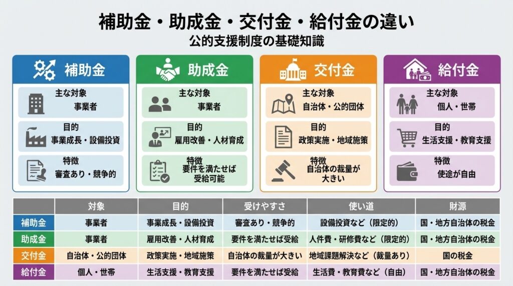 公的支援制度の違い:補助金から給付金まで インフォグラフィック