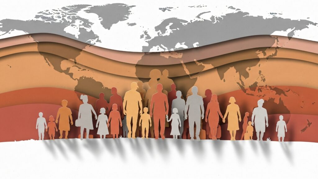 世界地図の上に立つ世界的な切り絵の人物シルエットが波打つ