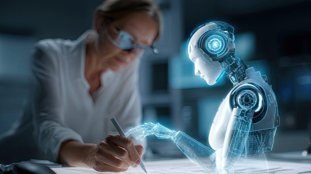 AIロボットと人間が共に大きなデジタルインターフェースを指さしている