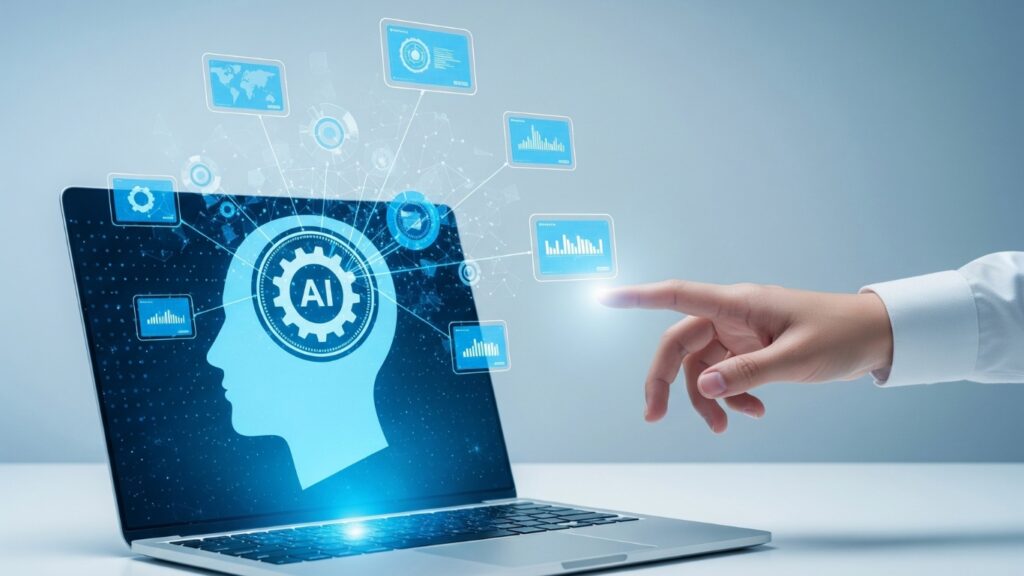 ノートパソコンでAIエージェントを利用する若者 – 効率と生産性向上のための人工知能アシスタント