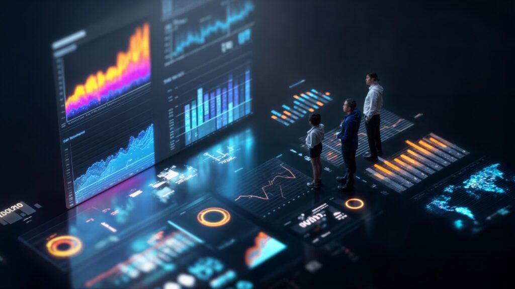 チームがホログラフィックスクリーン上でデータを分析する