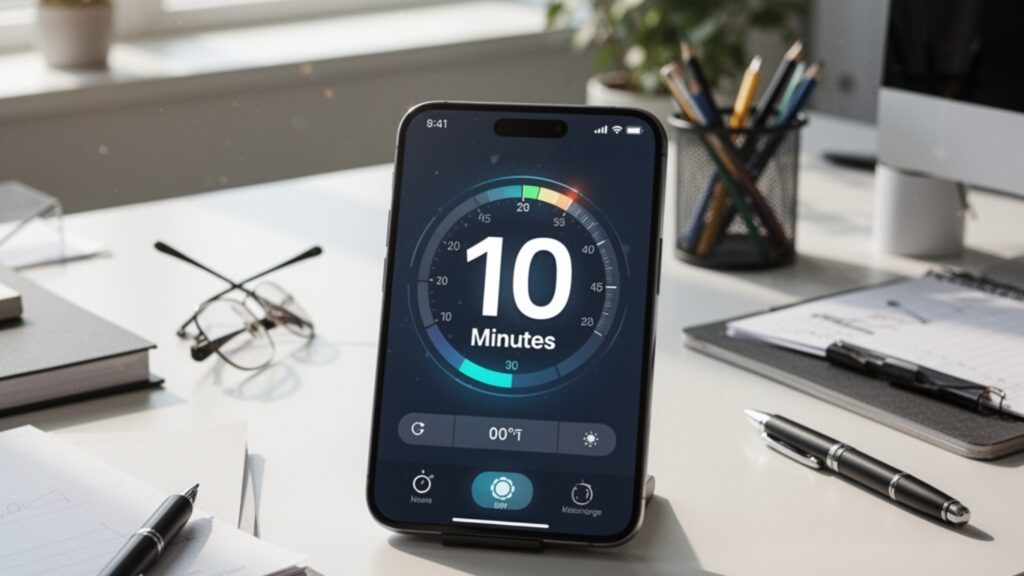 オフィスのデスクの上にあるスマホのタイマーが10minを表示している