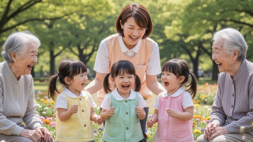 園児、保育士、高齢者が園庭にいる