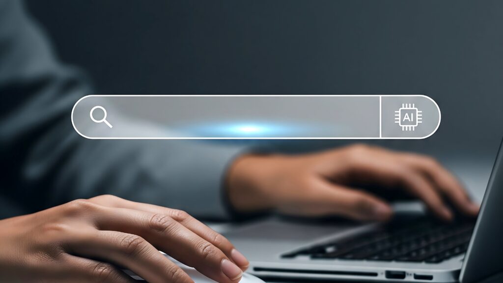 生成AIのイメージ 検索バーとパソコンをする人