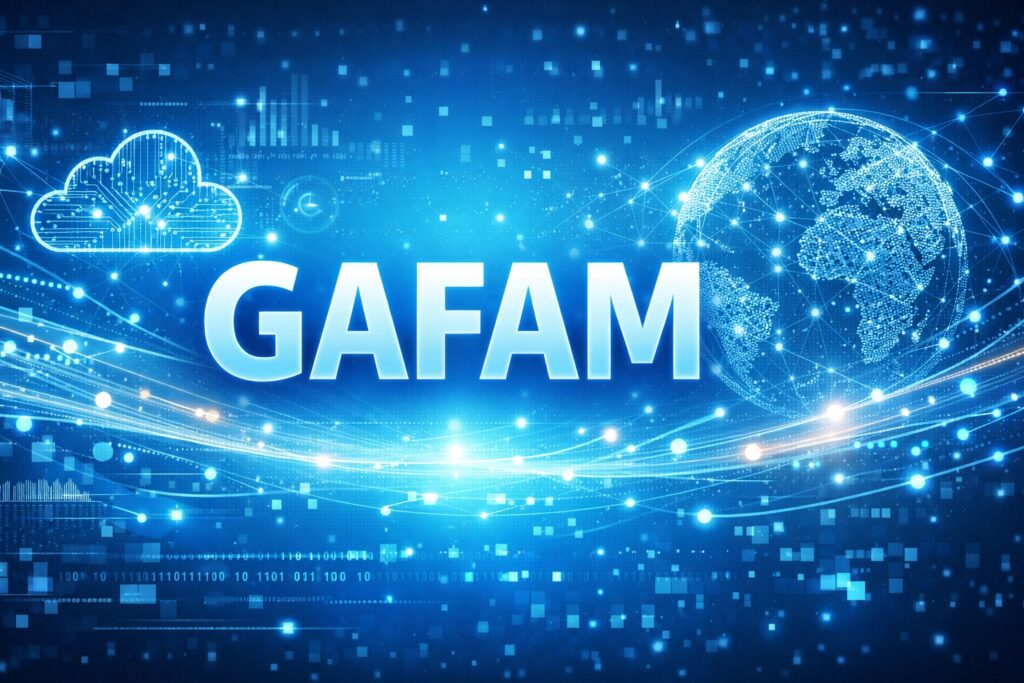 GAFAMの文字と地球儀とクラウド