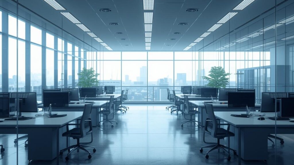 パソコンが並ぶ近代的なオフィス