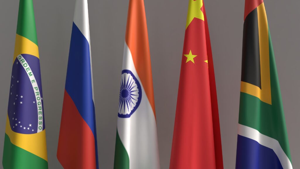 ブラジル（Brazil）、ロシア（Russia）、インド（India）、中国（China）、南アフリカ（South Africa）の旗