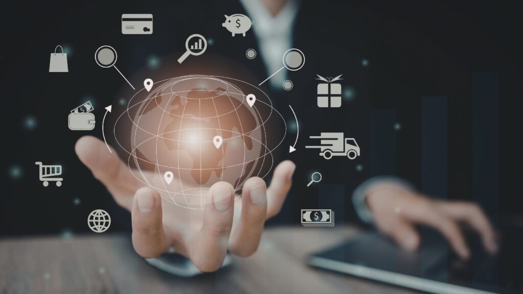 グローバルのイメージ　タブレット端末を持つビジネスパーソンと地球のイラスト