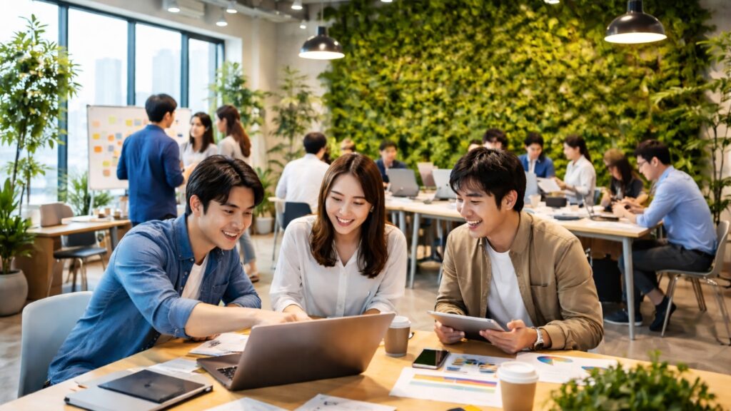 コワーキングスペースで活気のある打合せ