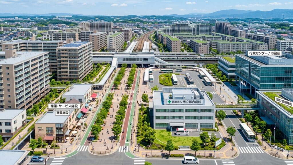 居住機能、医療、行政、商業施設を徒歩圏内や公共交通の拠点に集約し、行政コストを抑えつつ利便性を維持する都市モデル