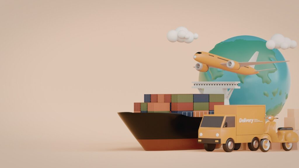 コンテナ、飛行機　トラック、世界地図　サプライチェーン