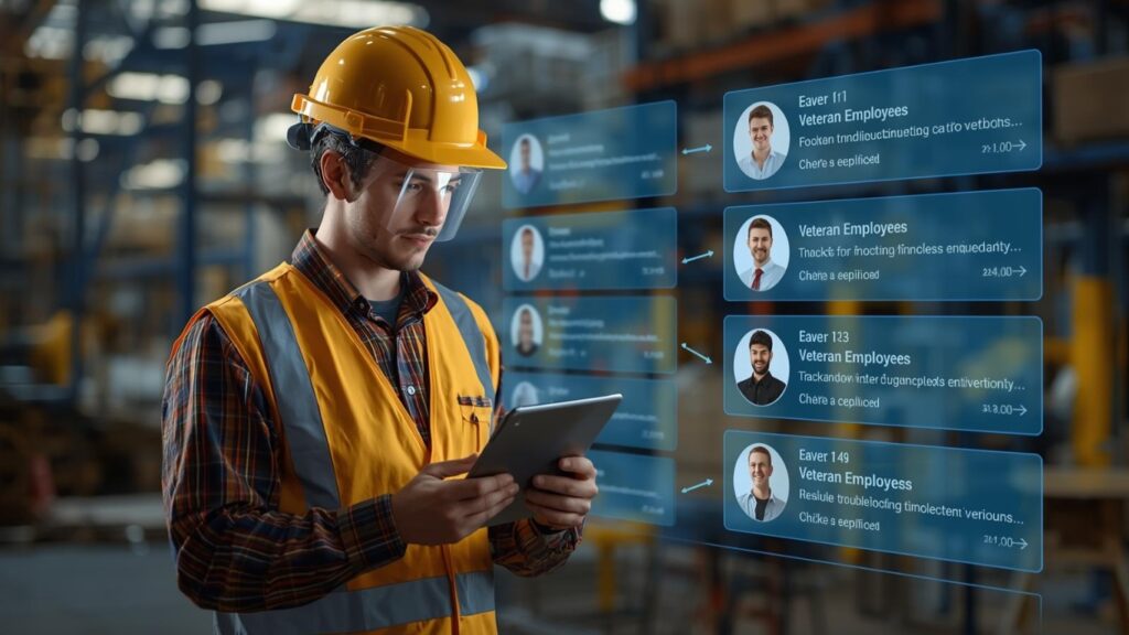 ベテラン社員の持つノウハウや過去のトラブル対応記録をSLMに学習させ、若手社員が現場でタブレットから質問している写真