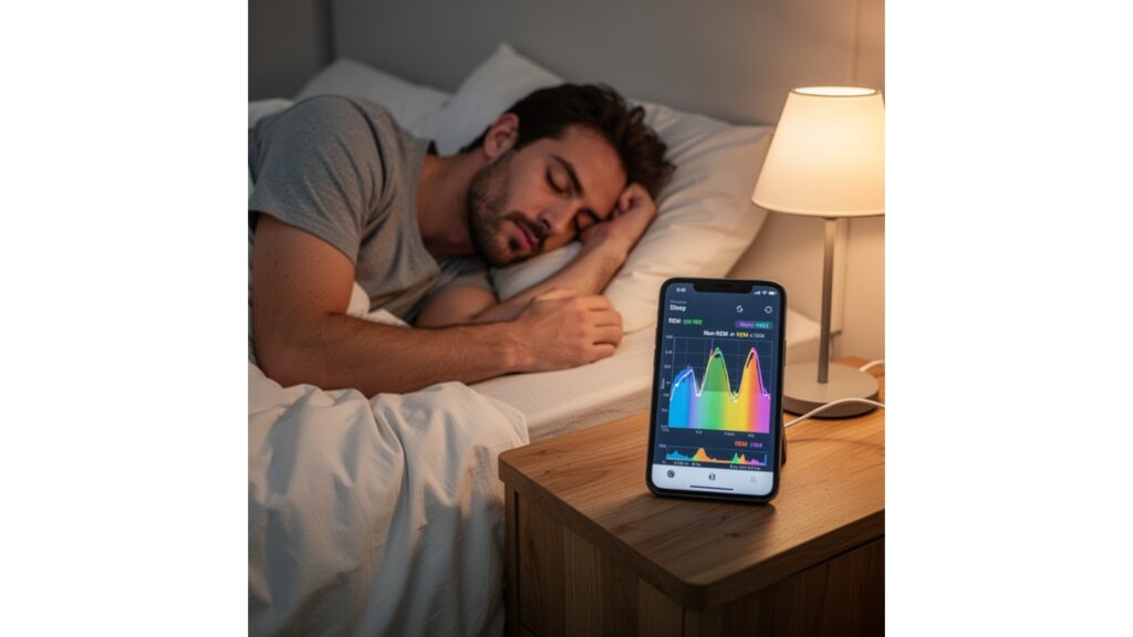 ベッドで睡眠する男性のベッドサイドにスマホがあり、スマホ画面にはレム睡眠、ノンレム睡眠の折れ線グラフが表示されている写真