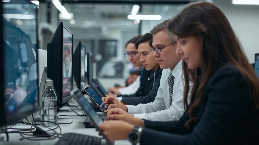 自治体の職員たちがタブレットやパソコンで生成AIを使って仕事をしている写真