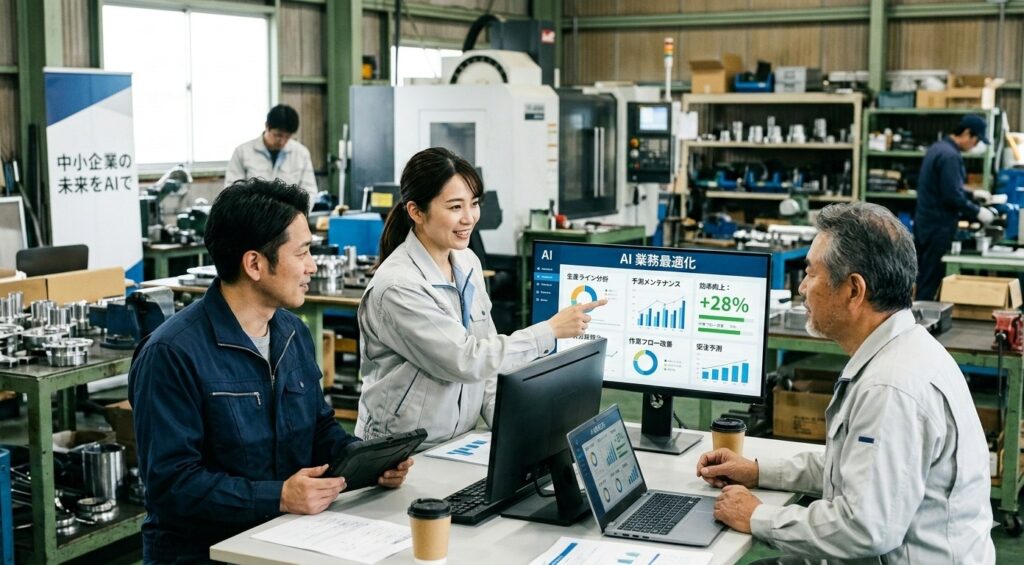 日本の町工場の現場で、ベテラン職人と若手従業員が、AIによるデータ分析のグラフや人手不足解消に関する情報が表示されたノートパソコンを囲んで、真剣に議論している様子。