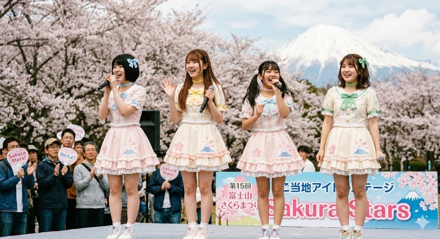 桜の花の前でご当地アイドルが笑顔で立っている